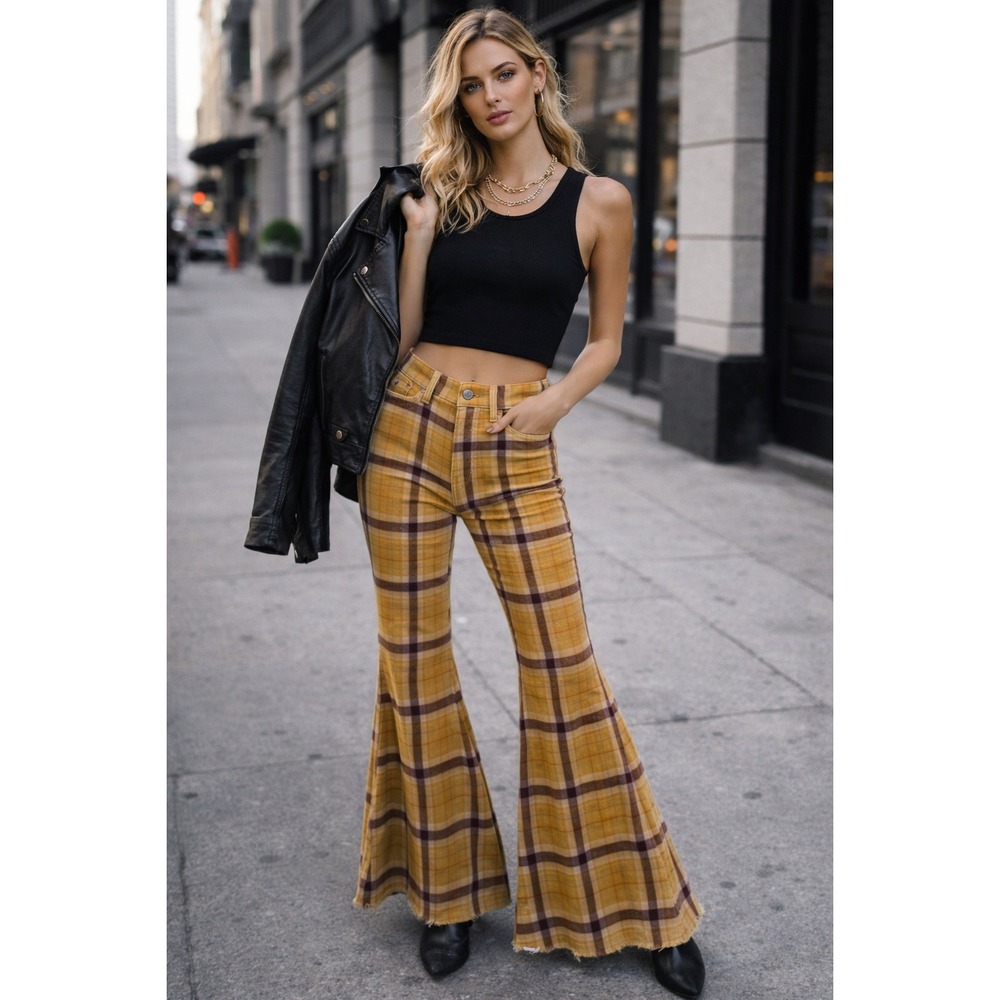 We The Free‎ 25x29 Plaid Flare Pants Yellow Brown High Rise Boho 70s Hippy Boho